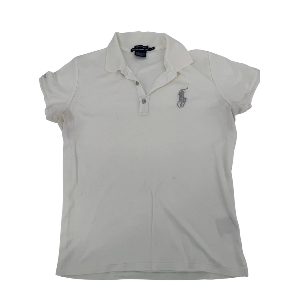 Ralph Lauren Golf Polo Women L White Silver Big Pony Tailored Fit Sporty Preppy
